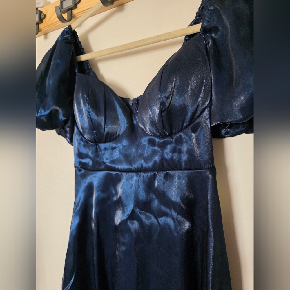 B. Darlin Junior's Navy Organza Puff Sleeve Baby Doll A-Line Size 3/4 - Picture 3 of 5